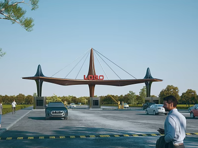 Modern Entrance Gate Design With Logo Sign And Parking Area For Vehicles And Pedestrians 3d model