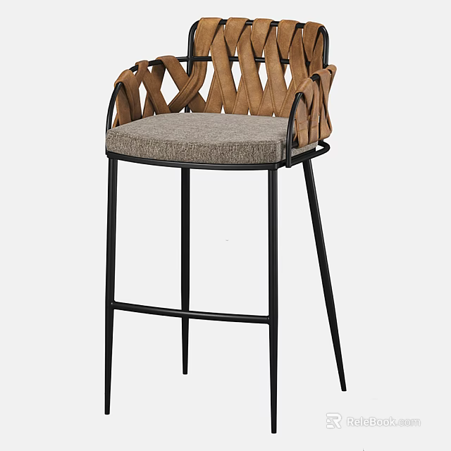 Modern Woven Backrest Bar Stool With Gray Padded Seat And Black Metal Legs 3d model 