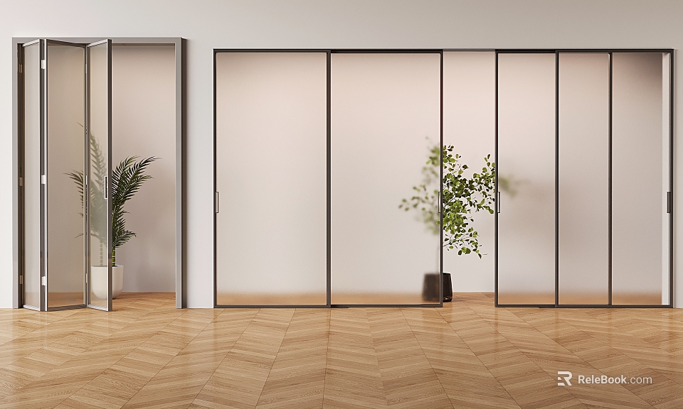 Modern Glass Sliding Doors With Black Frames And Plants On Wooden Floor 3d model 