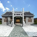 Traditional Chinese Ancient Architecture Courtyard With Tiled Roofs Green Lawn Paths Pond Bridge And Pavilions