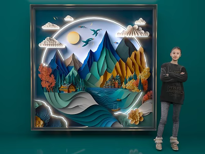 Stunning 3D Paper Art Painting Photo Check in Spot with Mountain Lake Sun Clouds Birds 3d model