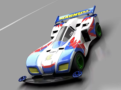 Streamlined MANDOX Race Car With Blue White Red Body And Green Wheels 3d model