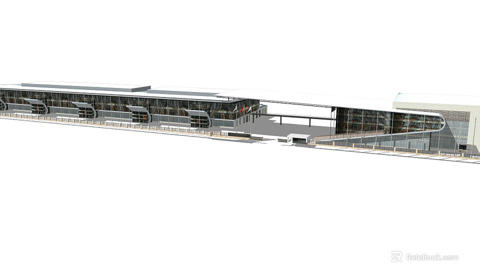 Modern Architectural Structure With Glass Facade And Connected Walkway Sections 3d model