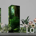 Floral Installation Featuring Three Forest Themed Display Pillars and Surrounding Flowers Green Plants