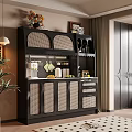 Modern Restaurant Interior With Black Rattan Sideboard Open Shelves Green Plant And Wooden Floor