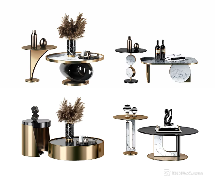 Elegant Modern Coffee Tables With Metal Frames Marble Tops And Decorative Trays 3d model 