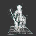 Armored Woman Standing With Sword Shield On Stone Platform