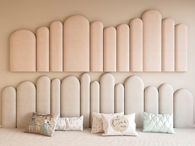 Beige Arched Upholstered Wall Panels With Two Rows And Light Green Decorative Pillows 3d model