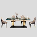 Modern Luxury Dining Table and Chairs Set with Marble Tabletop Gold Frame and Beige Seats