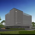 Modern White Office Building Featuring Glass Curtain Walls Surrounded By Trees Lawn And Parking Area