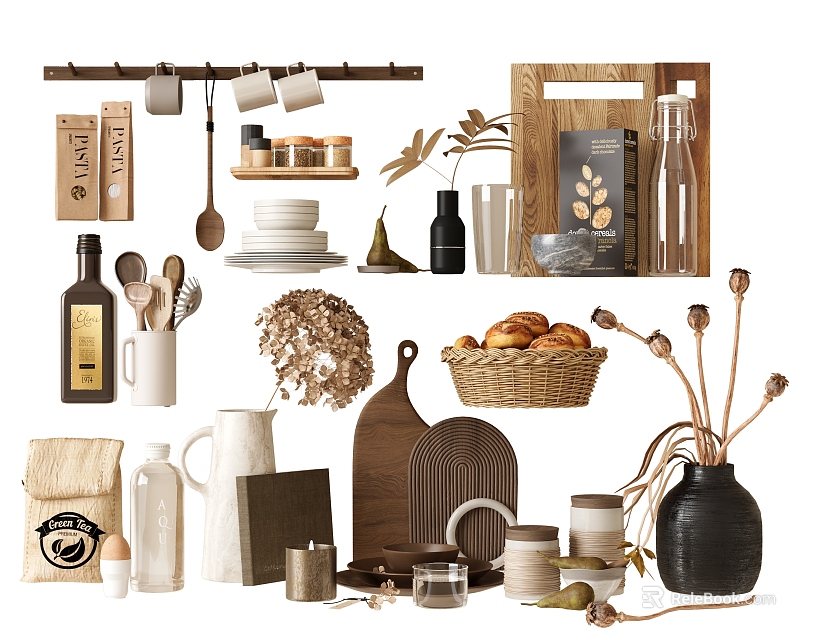 Natural Rustic Kitchenware Collection With Wooden Tray Mugs Plates Bread Basket Jars And Dried Flowers 3d model 