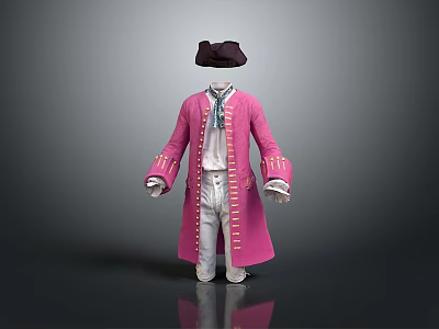 Elegant Historical Costume With Pink Coat White Pants Gold Buttons And Black Hat 3d model