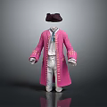 Elegant Historical Costume With Pink Coat White Pants Gold Buttons And Black Hat