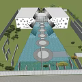 Modern Sales Office Building With Geometric Patterns Black White Stripes And Reflective Water Surface