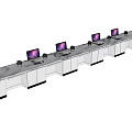 Modern Office Reception Desk With Long Design Multiple Laptops And Small Plants