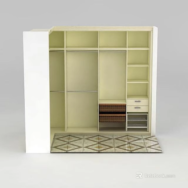 Tech Exhibition Hall Showcasing Modern Wardrobe With Compartments Shelves Drawers And Geometric Floor Tile 3d model 
