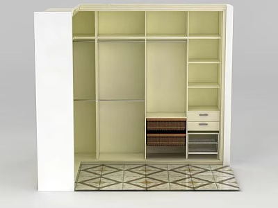 Tech Exhibition Hall Showcasing Modern Wardrobe With Compartments Shelves Drawers And Geometric Floor Tile 3d model