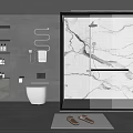 Modern Bathroom Interior With Gray Walls Marble Shower Area White Toilet And Vanity Shelves