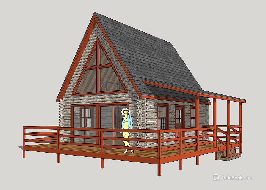 Wooden Cabin With Gabled Gray Roof Natural Exterior And Red Railed Deck With Person Standing 3d model 