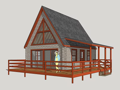 Wooden Cabin With Gabled Gray Roof Natural Exterior And Red Railed Deck With Person Standing 3d model