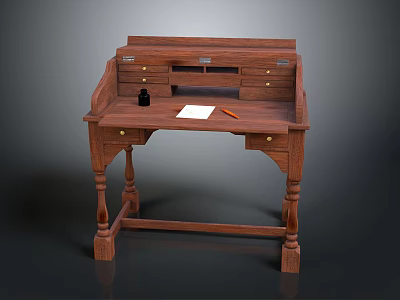 Wooden Writing Desk With Drawers Small Cabinet And Desktop Ink Bottle Paper Pencil 3d model
