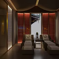 Serene SPA Sauna Interior With Comfortable Loungers Red Curtains And Traditional Architecture View