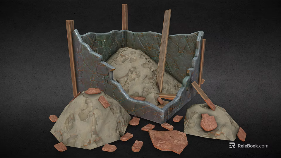 3D Model of Damaged Stone Container With Wooden Supports And Scattered Rocks 3d model 