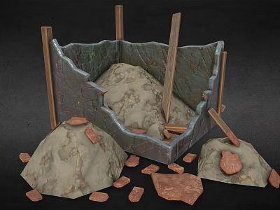 3D Model of Damaged Stone Container With Wooden Supports And Scattered Rocks 3d model