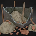 3D Model of Damaged Stone Container With Wooden Supports And Scattered Rocks