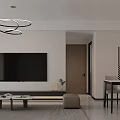 Modern Minimalist Open Dining And Living Room With Stylish Lighting Art Decor And Comfortable Furniture