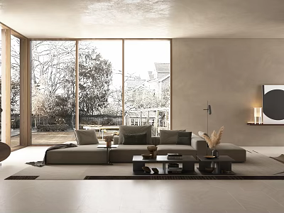 Modern Living Room With Large Windows Trees View Beige Sofa Coffee Table Floor Lamp 3d model