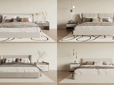Modern Minimalist Double Bed Interior With Neutral Pillows Nightstand And Pendant Light 3d model