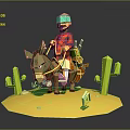 Low Poly Game Character With Green Goggles Riding Donkey In Desert With Cacti And Stones