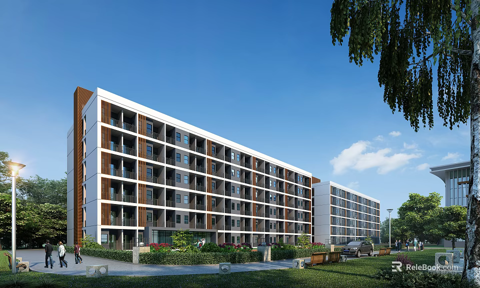 Modern Multi story School Building Exterior With Balconies Green Landscaping And Trees 3d model 