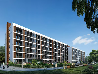 Modern Multi story School Building Exterior With Balconies Green Landscaping And Trees 3d model