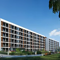 Modern Multi story School Building Exterior With Balconies Green Landscaping And Trees