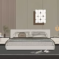Modern Double Bed With Light Headboard White Pillows Wooden Nightstands Table Lamp And Striped Rug
