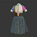 Fashionable Women's Dress With White Short Sleeved Top Brown Suspenders And Blue Flared Skirt