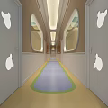 Kindergarten Classroom With Colorful Tables Chairs Round Ceiling Decorations And Cartoon Murals