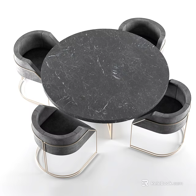 Round Black Marble Dining Table Set with Four Gray Seats and Metal Frames 3d model