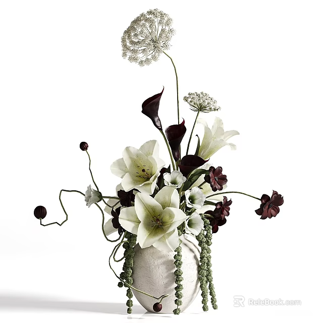 Elegant White Vase With Mixed White And Dark Flowers And Vine Decorations 3d model 