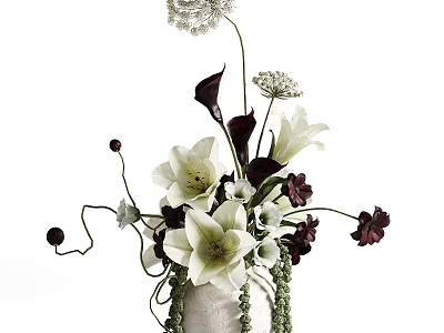Elegant White Vase With Mixed White And Dark Flowers And Vine Decorations 3d model