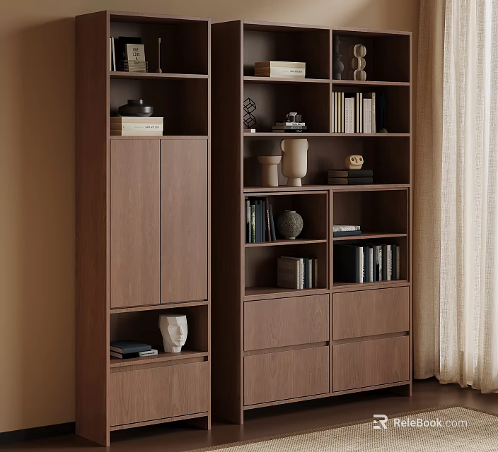 Modern Wooden Bookshelf With Multiple Shelves Books Decorations Drawers And Cabinet Doors 3d model 