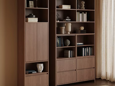 Modern Wooden Bookshelf With Multiple Shelves Books Decorations Drawers And Cabinet Doors 3d model