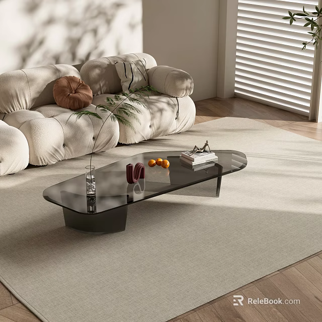 Modern Black Glass Top Coffee Table In Living Room With Sofa Green Plant Fruits And Books 3d model 