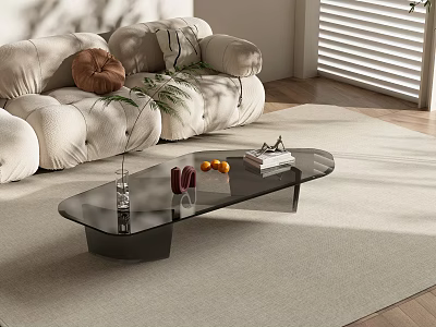 Modern Black Glass Top Coffee Table In Living Room With Sofa Green Plant Fruits And Books 3d model