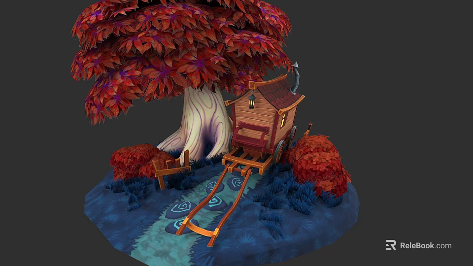 Vintage Motorcycle Parked Near Red Leaf Tree Wooden Cabin And Stream 3d model 