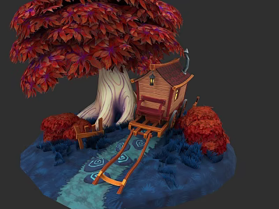 Vintage Motorcycle Parked Near Red Leaf Tree Wooden Cabin And Stream 3d model