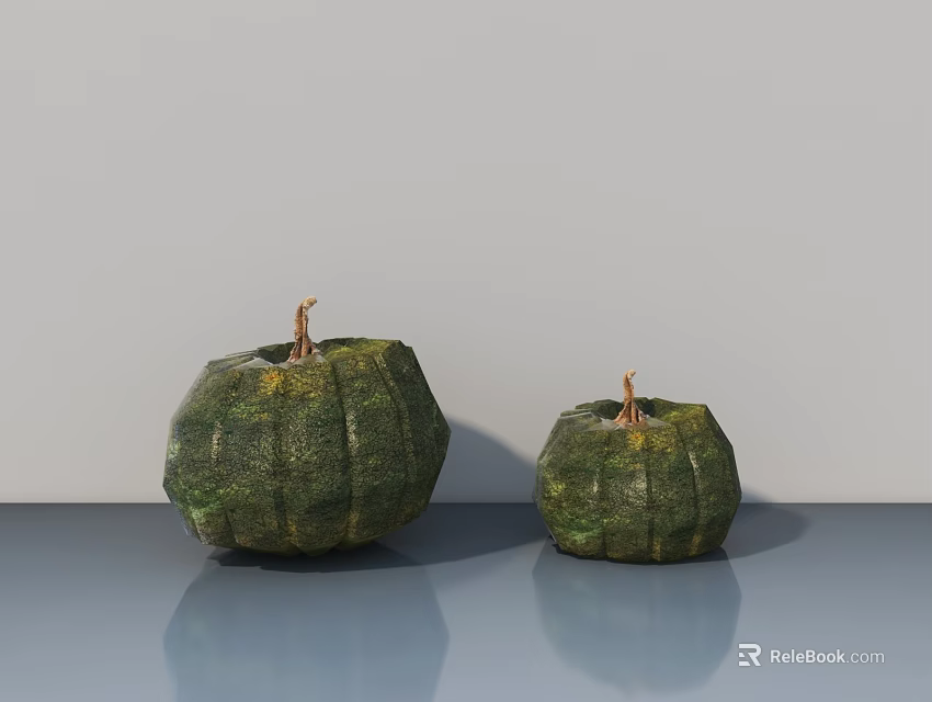 Two Green Pumpkin Shaped Bonsai Potted Plants On Gray Surface Background 3d model