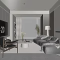 Modern Living Room with Large TV Gray Sofa Coffee Table Floor Lamp and Green Plant